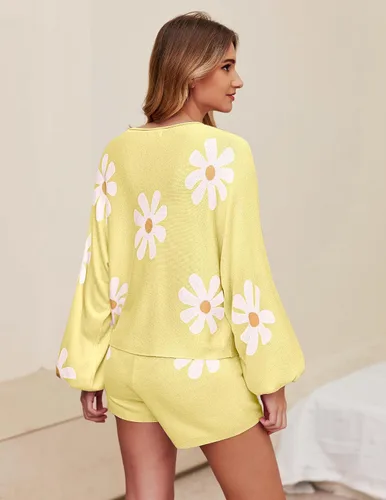 Vista 3 de Ekouaer - Conjunto de pijama de punto para mujer, ropa de descanso, sudadera de manga larga y pantalones a juego, casual, 2 piezas, tallas S-XXL