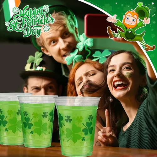 Vista 6 de 100 tazas de plástico transparente desechables de 12 onzas para el Día de San Patricio, vasos de plástico transparente desechables para días