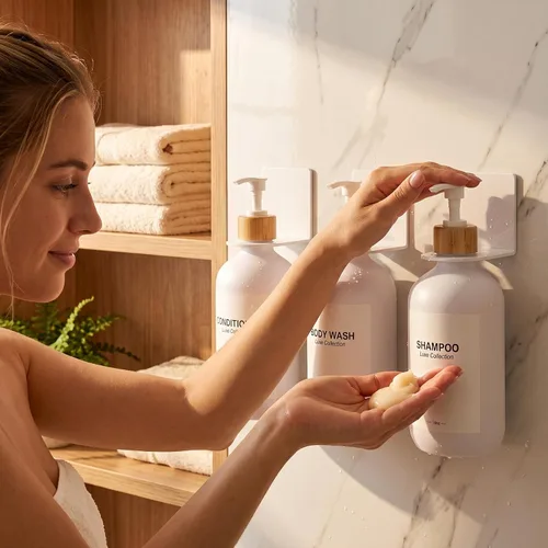 Vista 5 de Set dispensador de champú y acondicionador blanco, paquete de 3