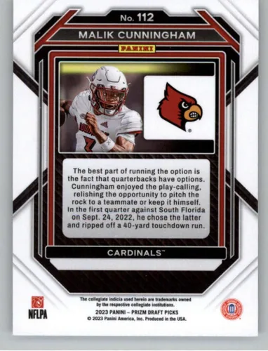 Vista 2 de 2023 Panini Prizm Draft Picks #112 Malik Cunningham Louisville Cardinals RC Rookie Card Official NCAA Football Card in Raw (NM or Better) Condition