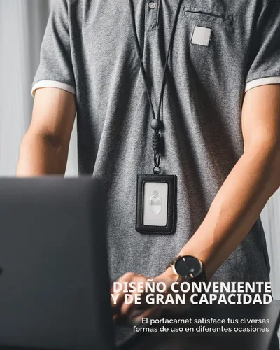 Vista 4 de VULKIT Soporte para tarjetas de identificación con cordón para mujeres y hombres, soporte vertical de cuero con ranura transparente para tarjetas