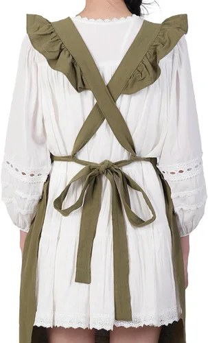 Vista 8 de Aoomzoon Delantales vintage para mujer con bolsillos, lindo delantal ajustable de encaje con volantes para cocinar, cocina, hornear, jardinería