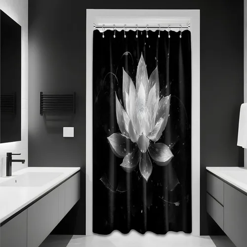 Vista 68 de Cortina de ducha con flores de loto negro y azul para decoración de baño, juego de cortinas decorativas de baño con estampado floral, tela
