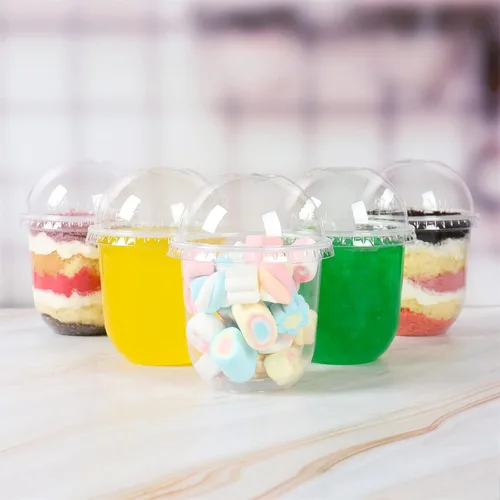 Vista 6 de Vasos desechables de plástico transparente de 12 onzas con tapas de cúpula, perfectas para bebidas frías, café, batidos, postres, sin BPA, paquete