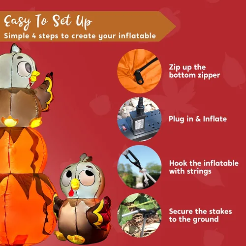 Vista 7 de Joiedomi Calabaza Apilable Inflable de 6 Pies de Acción de Gracias con Pavo con LEDs Integrados, Decoraciones Inflables para Exteriores para Patio