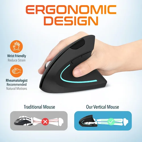 Vista 2 de Delton Ratón inalámbrico vertical ergonómico, dongle USB de 2.4 GHz, 6 botones, 3 niveles de DPI ajustables (800/1200/2400), funciona con pilas AA