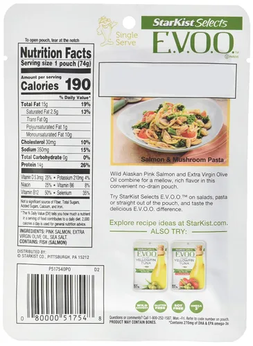Vista 2 de StarKist AmazonFresh E.V.O.O. Salmón rosa capturado en la naturaleza, bolsa de 2.6 onzas, 2.6 onzas 14g of Protein Per Serving, Features Extra