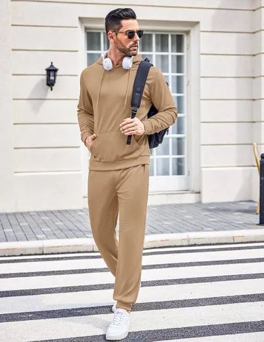 Vista 38 de COOFANDY Conjunto deportivo de 2 piezas para hombre, conjunto deportivo casual con capucha