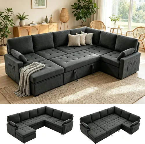Vista 9 de Huatean Home Sofá extraíble de 82 pulgadas con almacenamiento, sofá cama, sofás modulares en forma de L de 5 asientos para sala de estar, felpilla