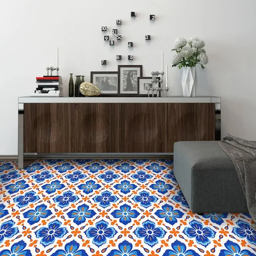 Vista 2 de IVN 10 azulejos de suelo de 12 x 12 pulgadas, diseño geométrico floral azul y naranja, autoadhesivas, removibles, autoadhesivas, calcomanías