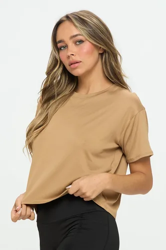 Vista 3 de Knit Riot Camiseta corta para mujer, manga corta, suave, con cuello redondo, casual, activa, para yoga, correr, camiseta recortada