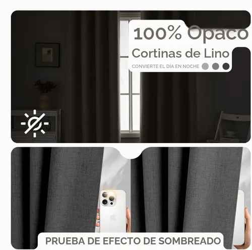 Vista 2 de Cortinas de lino libres de PFAS en negro de 63 pulgadas de largo, juego de 2 paneles, 100% cortinas opacas largas para dormitorio, sala de estar