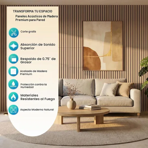 Vista 6 de Paquete de 2 paneles acústicos de listones de madera, paneles decorativos de pared absorbentes de sonido