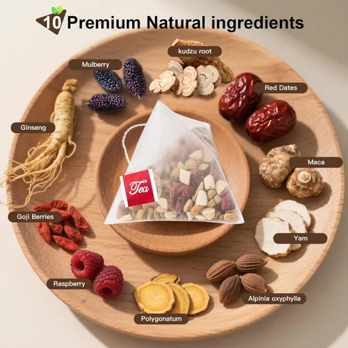 Vista 2 de Té de Ginseng Ten Treasures, mezcla avanzada de té de hierbas chinas con ginseng, goji, dátiles rojos y 7 hierbas más, fórmula más completa que