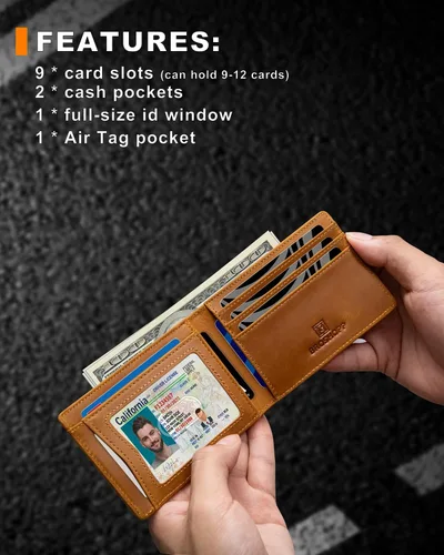 Vista 46 de Billetera AirTag para hombre, de piel auténtica plegable con bloqueo Rfid AirTag con ranuras para efectivo y ventana de identificación, compatible
