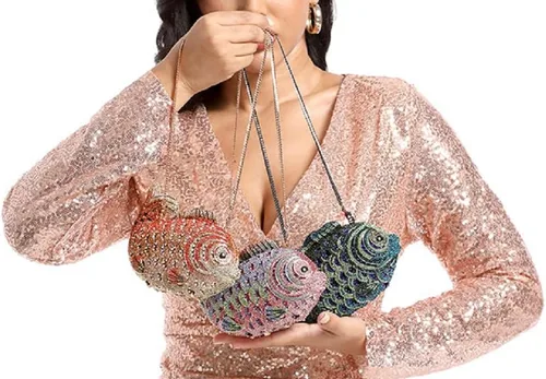 Vista 2 de Boutique De FGG Bolsos de mano con diamantes de imitación de pescado para mujer, bolsos formales de noche, bolso de graduación, boda, fiesta, bolsa