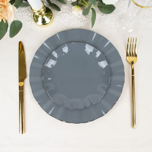 Vista 144 de Tableclothsfactory Paquete de 10 platos redondos de plástico negro de 6 pulgadas para ensalada de postre, platos desechables con borde ondulado