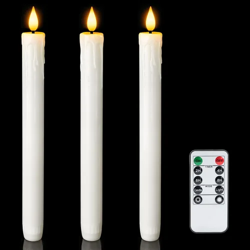 Vista 19 de Homemory Velas cónicas cerosas sin llama de 11 pulgadas con temporizador remoto, 3 velas cónicas que funcionan con pilas con llama parpadeante