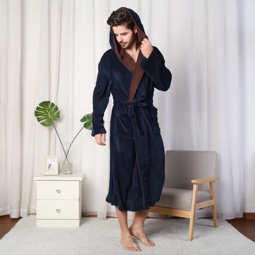 Vista 6 de Bata de baño con capucha para hombre, suave y de longitud completa, cómodo camisón cálido de longitud completa