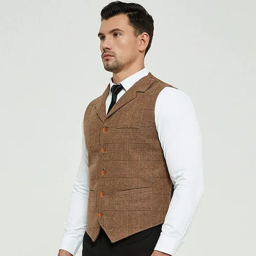 Vista 3 de Chalecos formales de tweed para hombre, chaleco a cuadros para boda, vintage, de lana, espiga retro