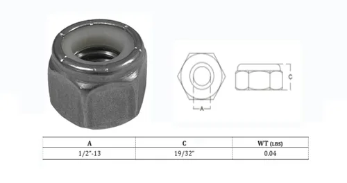 Vista 3 de Juego de 10 piezas 1/2 "-13 Tuerca de bloqueo de inserción de nailon de acero inoxidable Tuerca hexagonal de mano derecha
