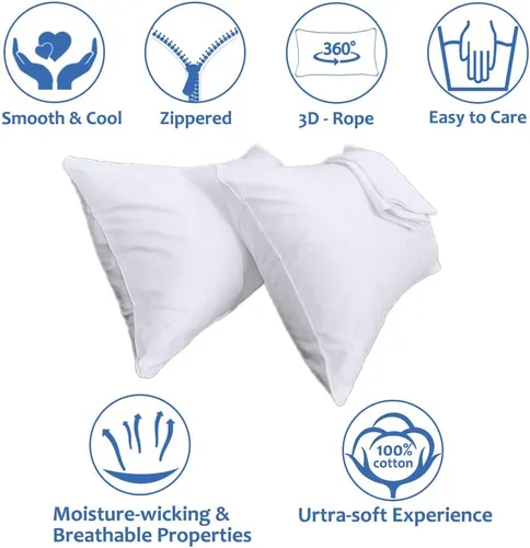 Vista 6 de Precoco Juego de 2 fundas de almohada de tamaño estándar, 100% algodón, color blanco, con 600 hilos, fundas de almohada estables con cremallera