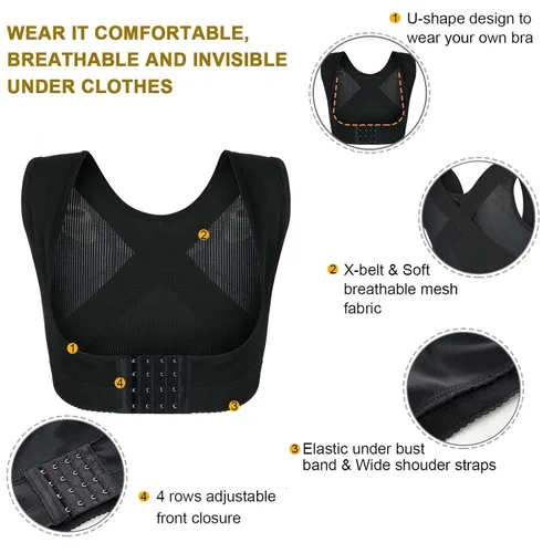Vista 6 de BRABIC Faja moldeadora de pecho para mujer, soporte de espalda, corrector de postura debajo de la ropa (negro, L)