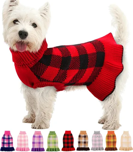 Vista 16 de Vestido de suéter para perro, ropa de Navidad a cuadros para perros Beige