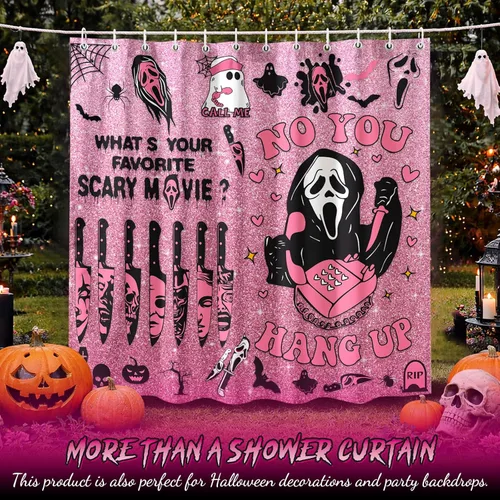 Vista 5 de KAIRA Cortina de ducha de Halloween, 72 x 72 pulgadas con ganchos, decoración de baño con cara espeluznante y aterradora, divertida cortina de tela