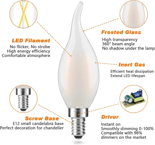 Vista 8 de Bombilla LED E12 esmerilada, 2 vatios (equivalente a 25 W), suave y cálida de 2700 K, bombillas LED con punta de llama CA10 regulables para Ca10