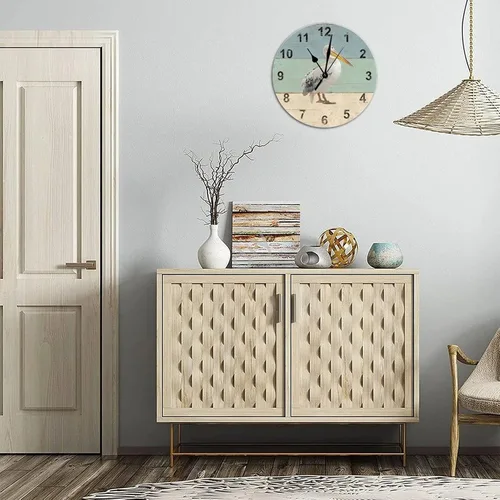 Vista 6 de Reloj de pared redondo de madera estilo rústico y elegante, estilo retro, con números arábigos Pelícano, silencioso, sin tictac, funciona