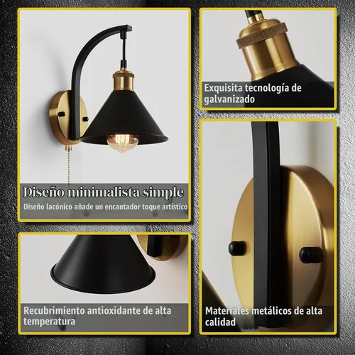Vista 6 de Lightess Apliques de Pared Industriales con Interruptor de Cordón, Luz de Pared Montada Estilo Granja Negro, Accesorio de Iluminación de Pared