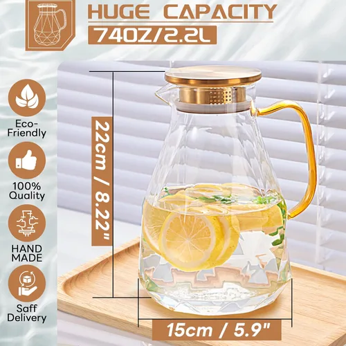 Vista 2 de Jarra de vidrio, jarra de agua de 74.4 oz con tapa