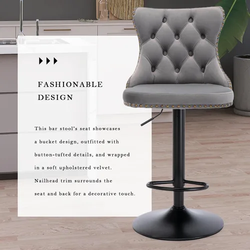 Vista 22 de SoarFlash Juego de 2 taburetes de bar tapizados de terciopelo moderno con patas de madera, botones acolchados, cabeza de clavo cromada, asiento