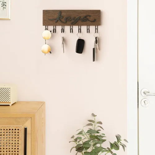 Vista 3 de Mkono Soporte para llaves de pared decorativo con 7 ganchos, organizador de llaves montado en la pared, ganchos para llaves colgantes de madera