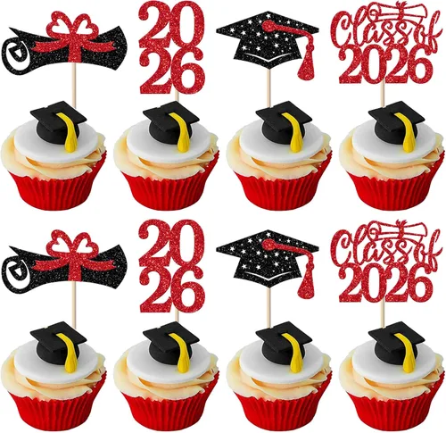 Vista 19 de Paquete de 24 adornos de graduación 3D 2024 para cupcakes 2024 con borlas doradas para fiestas temáticas de graduación 2024, suministros