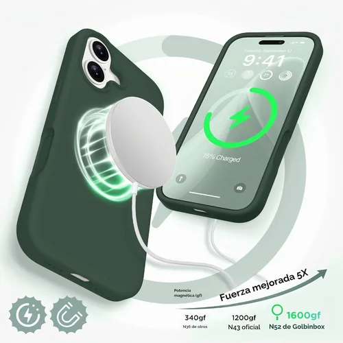 Vista 4 de GolbinBox - Funda magnética para iPhone 17, funda de silicona, color verde Compatible con MagSafe, protector de pantalla + protector de lente