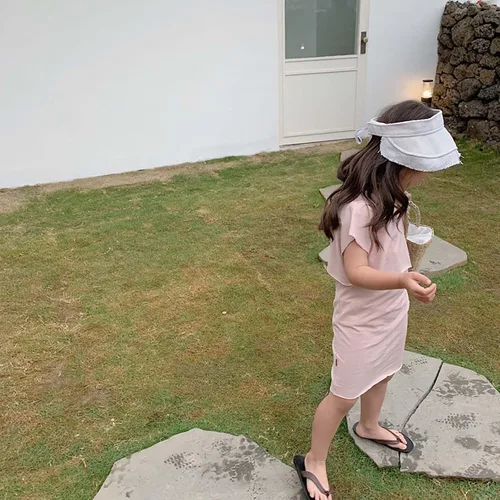 Vista 7 de Ropa de verano para niñas pequeñas, de algodón, de manga corta, monograma, vestido de verano suave y largo