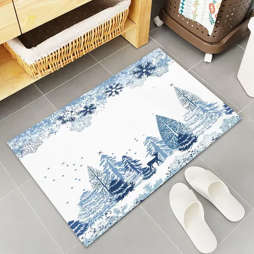 Vista 5 de Libaoge Juego de 2 alfombras y tapetes de cocina de invierno de Navidad para Año Nuevo, diseño abstracto de copo de nieve, alce azul, tapete