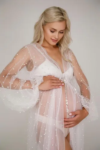 Vista 2 de yinyyinhs Womens Pearl Maternity Dress for Photoshoot Long Puffy Sleeves Tulle Wedding Robe Beaded Bridal Lingerie