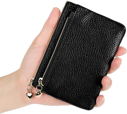 Vista 5 de Monedero de cuero genuino para mujer, con cremallera, bolsillo y bolsillo, Negro -, Minimalista