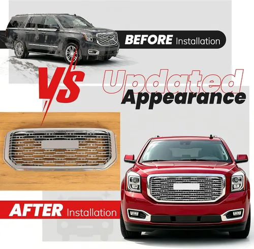 Vista 5 de KUAFU Parrilla Delantera Compatible con GMC Yukon/Yukon XL 2015-2020 Protector de Parachoques Ensamble de Parrilla Plástico ABS Cromo Plateado