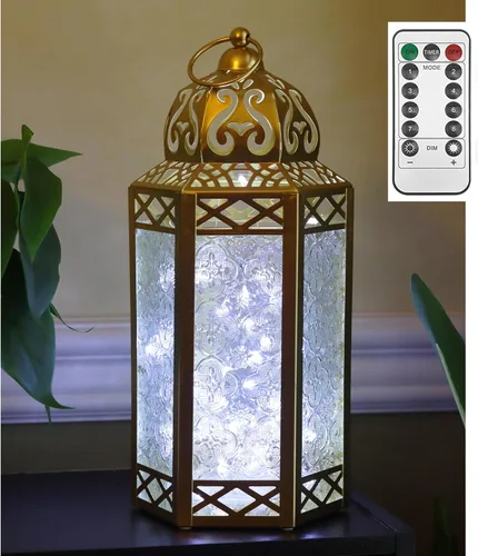 Vista 64 de VELA LANTERNS Juego de 2 portavelas decorativos de LED con luces de hadas de 12" de metal marroquí para colgar o mesa, decoración del hogar