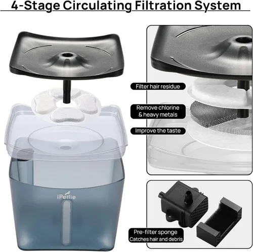 Vista 3 de iPettie Kamino - Fuente de agua para gatos, 101 onzas/3 litros, purificador de agua filtrado ultra silencioso, dispensador automático de agua