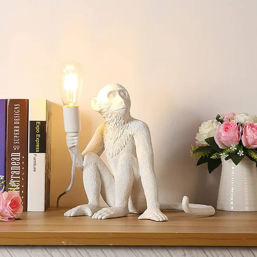 Vista 8 de Lámparas de escritorio de resina con diseño de mono moderno, iluminación creativa de mesa con cable enchufable para sala de estar, dormitorio, Blanco
