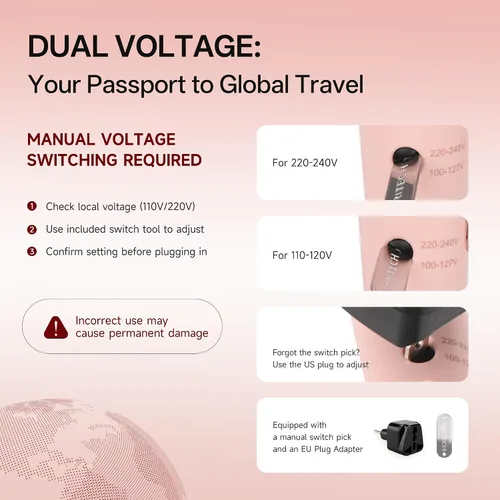 Vista 2 de PRITECH - Secador de pelo de viaje de doble voltaje de 1250 W con difusor, plegable Pink Blow Dryer with Concentrator,110V/220V Worldwide Use,Mini