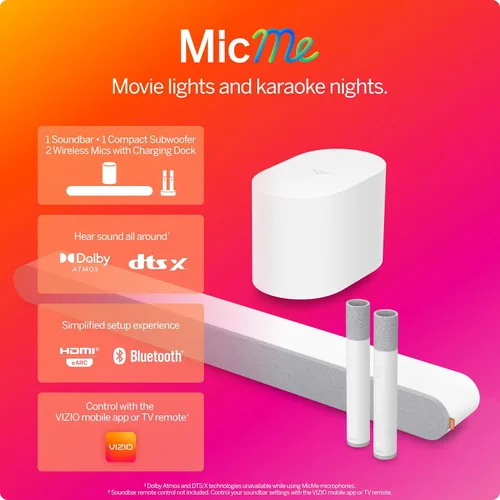 Vista 2 de VIZIO MicMe 2.1 Barra de sonido de karaoke, 2 micrófonos inalámbricos, subwoofer inalámbrico con Dolby Atmos, DTS:X, altavoz Bluetooth, compatible