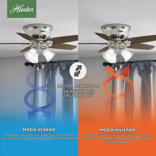 Vista 7 de Hunter Constructor, para interiores, ventilador de techo, cadena de tracción, 42 pulgadas, níquel cepillado con luces LED, montaje empotrado