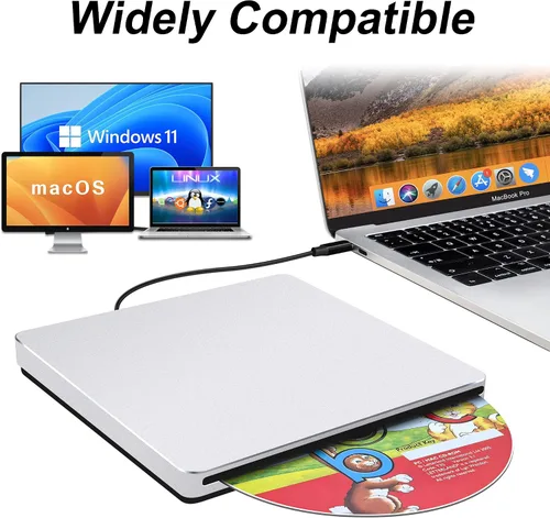 Vista 4 de USB C SuperDrive para Mac: Unidad externa de CD/DVD para portátil MacBook Apple Ranura Grabadora de CD Reproductor de DVD Plug and Play para PC