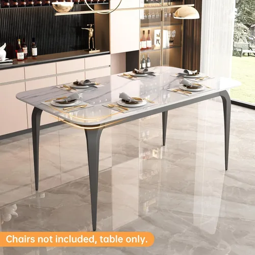 Vista 3 de Mesa de comedor, mesa de cocina de piedra sinterizada, mesa rectangular moderna de pizarra de 59 pulgadas con patas de metal, mesa de comedor